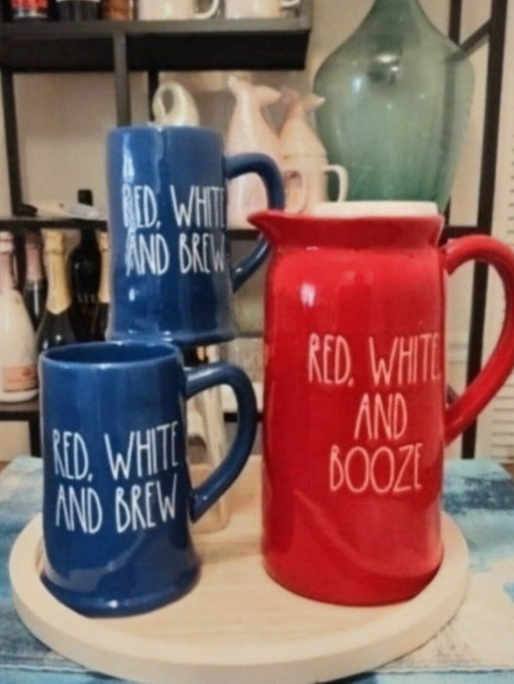 Rae Dunn Red Pitcher with Blue Mugs Set
